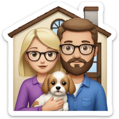 Blond girl with brown haired bearded man wearing glasses holding a puppy with a front door behind them sticker