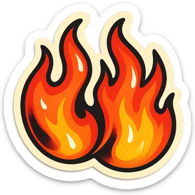 retro sticker style illustration of a double flame, two flames side by side, bold outlines, expressive shadows, glossy highlights, lively and dynamic flames sticker
