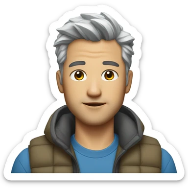 Finance bro with light grey short spike hair and mountain hardwared puffer vest over blue shirt sticker