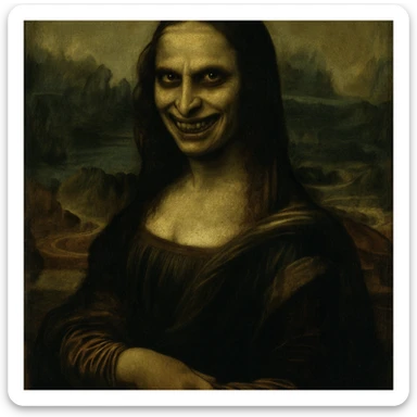 Mona Lisa in an oil painting style, with a scary expression, dark menacing eyes, a sinister grin, and subtle shadowing for a haunting effect sticker