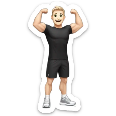 Joyful Celebrating victory Pale skinned Fit Man With the biceps and dark brown hair in black shirt, gray sports shorts and white Sneakers sticker