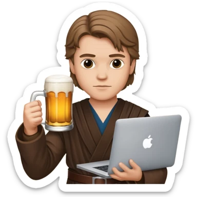 Anakin skywalker holding a beer and a macbook sticker