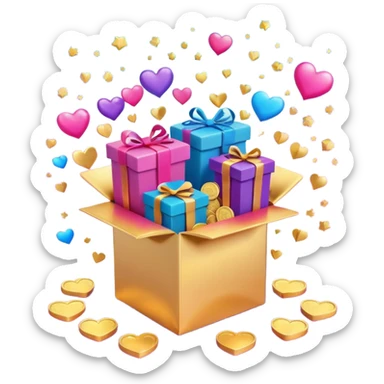 3D open gift box with Instagram logo, gold coins, hearts, stars, documents floating out, smiling human faces around, vibrant pink blue purple gradient, glossy modern style, premium marketing banner sticker