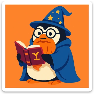 chubby penguin wizard with glasses, a long beard, and a blue cloak, holding an open spellbook sticker