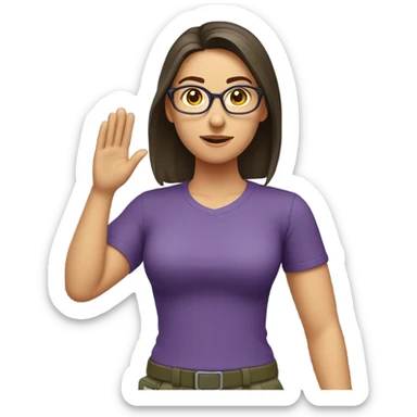 a caucasian brunette female, wearing a purple t-shirt and glasses, making the military salute gesture with one hand next to her head and the other one on her waist sticker