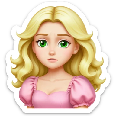 Create an emoji-style illustration of a blonde girl with long wavy hair, green eyes, and a pink pastel puff-sleeve dress, matching the Apple emoji style of the reference image. Keep her facial features, hairstyle, and outfit identical. Generate a joyful expression. sticker