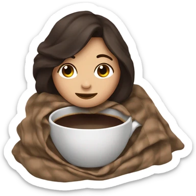 Dark brown hair girl inside a blanket sipping cup of coffee eyes closed sticker
