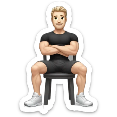 Pale skinned Fit Man With the biceps and dark brown hair in black shirt, gray sports shorts and white Sneakers Sitting on a chair sticker