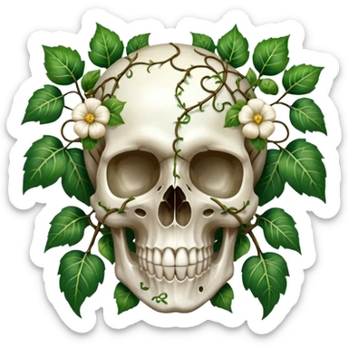 Divine elegant pretty beautiful gorgeous big antique shiny marble skull cranium with ivies and vines and divine flowers   sticker