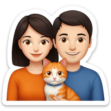 man and woman with dark hair, orange cat sitting between them sticker