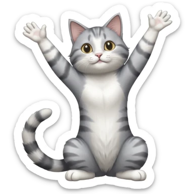 grey and white cat doing a big long stretch reaching up into the air with arms and legs together sticker