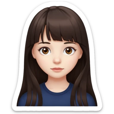 brunette girl with dark brown eyes, pale rosy skin, long hair and wispy bangs sticker