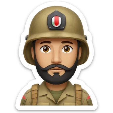 very tired, swarthy, Iraqi soldier in a helmet, helmet without insignia, with a beard sticker