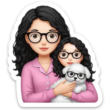 long wavy black haired girl wearing black framed glasses in a pink pjs while holding her fluffy white dog sticker