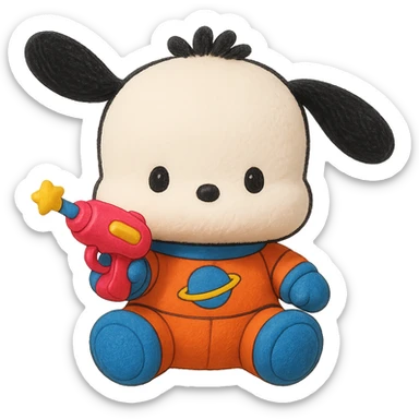 Make Pochacco hold a cute toy gun, keep him white with black ears, orange and blue space suit, plushy Popmart doll style, playful and adorable, no background sticker