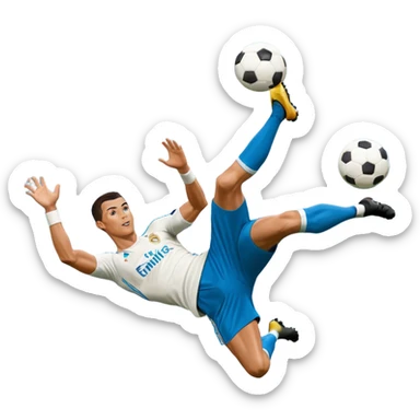 Ronaldo doing a bicycle kick with football in mid air While wearing a Retro blue Real madrid kit and yes i want it to be exactly the same as he Scored it in 2018 vs Juventus  sticker