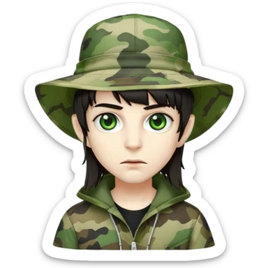 Vampire wearing a camo styled bucket hat. Green eyes. Dark hair sticker