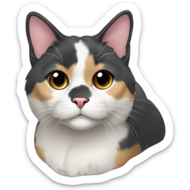 older diluted calico, white chin, black and pink nose, mostly dark grey with whiteish beige forehead, dark grey ears sticker
