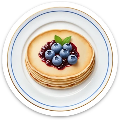 scandinavian round crepes with jam on white porcelain plate with blue floral vintage design sticker