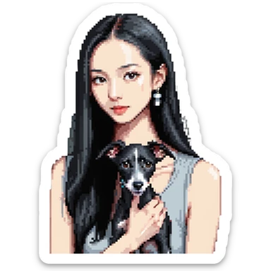 Slim Chinese girl with long black hair holding solid grey Italian greyhound with no white markings on nose sticker