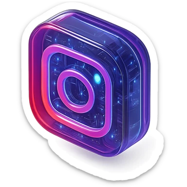 Instagram icon with glossy circuit theme, blue glowing accents, transparent background sticker