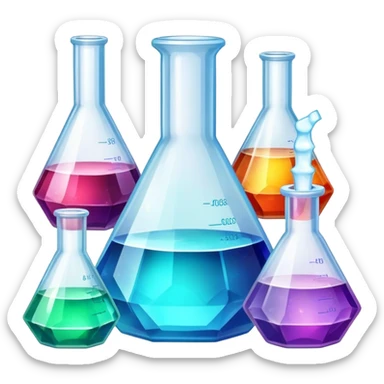 A set of colorful growing crystals in various stages of development, surrounded by beakers and jars with chemical solutions. Light shining on the crystals creates a dazzling glow. Background of a clean, well-lit workspace with scientific tools and equipment. Transparent background. sticker