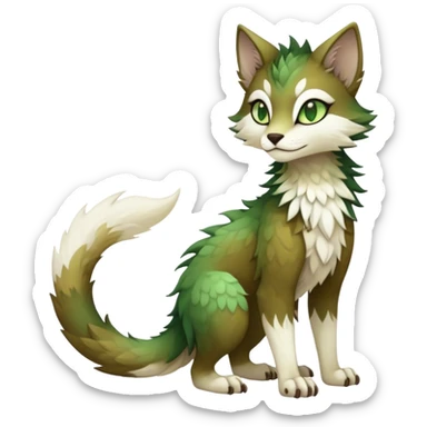 Kawaii dark cute brown beige white fantasy ethereal feline-vernid-sergal-fursona animal creature with a tufted tail full body with intricate markings, hazel-gold-green eyes sticker