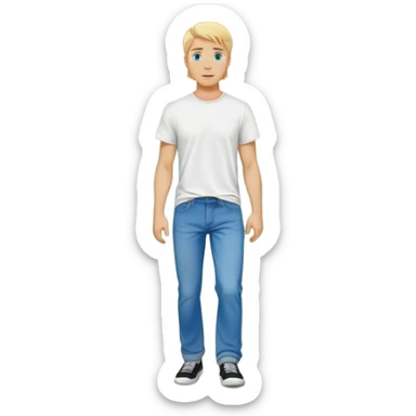 A cinematic realistic blond man with blue eyes, dressed in wide jeans and a T-shirt, walks against a background of trees sticker