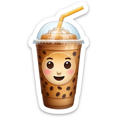 A 3D cartoon plastic cup of iced coffee with straw, clear lid, ice cubes floating, realistic condensation, bright sunlight, Memoji-style. sticker