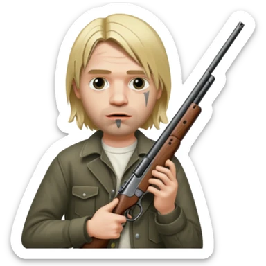Kurt Cobain holds a double-barreled shotgun with the barrel in his mouth sticker