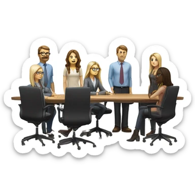 meeting table with 6 people seated two men, both width buzcuts and glases, two blonwimen with long hair, two brownhaired women with long hair and one brown haired woman with short hair sticker