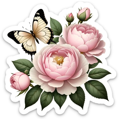A vintage-inspired botanical illustration on aged parchment, featuring meticulously hand-drawn soft pink roses and lush white peonies with golden ink accents, while a pearl butterfly appears as if painted delicately onto the page.
 sticker