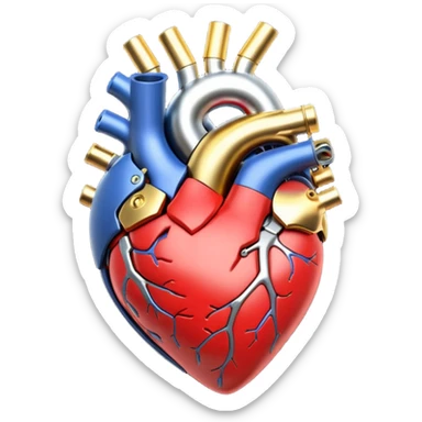 3D render of Mechanical Heart, futuristic cyborg aesthetic, fusion of organic skin and chrome metal, gold brass valves mixed with red muscle tissue, exposed wiring, emoji style, isolated on white background --v 6.0. sticker