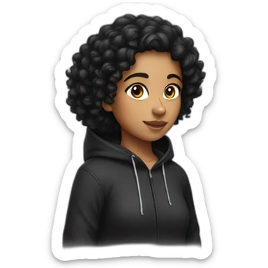 indian girl with black curly hair wearing a black hoodie sticker