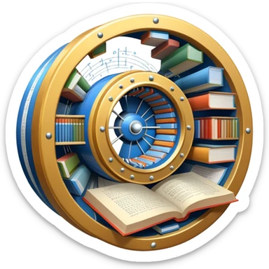 An icon featuring a physics textbook, a large Hadron Collider with particles flying off, symbolizing the study of physics. The design includes atomic models, energy waves, and scientific formulas, representing fundamental physical principles and research. Transparent background. sticker