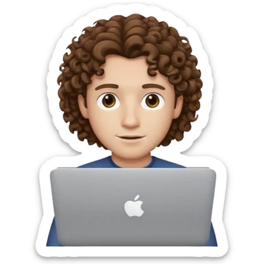 guy with curly hair and skin tone a little bit white, with a macbook sticker