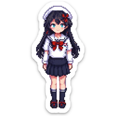 Japanese anime schoolgirl with classic sailor uniform in pixel art style sticker