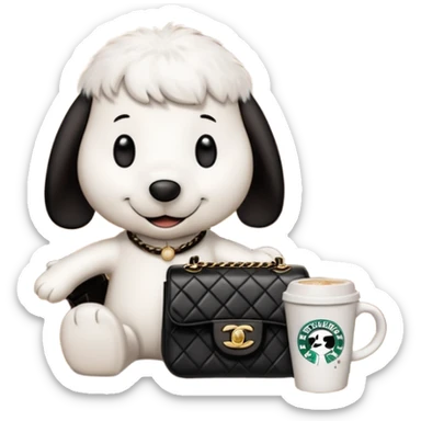 snoopy in a desk with starbucks and his chanel purse sticker