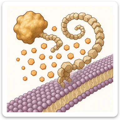 Ultra-detailed illustration of enzyme digestion: amylase breaking starch into sugars near a cell membrane. Clean white background, no text. Scientific but simple sticker