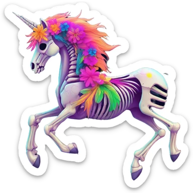 Neon Zombie Pegasus unicorn skeleton psychedelic flowers floral groovy art neon rave raving sticker