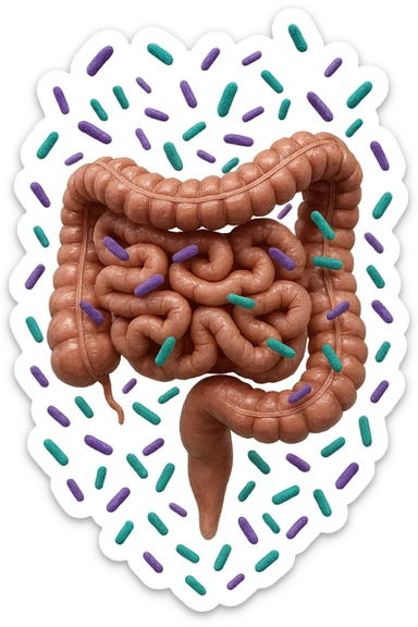 intestino umano anatomico realistico pieno di batteri intestinali viola e turchesi che gli fluttuano intorno, IPERREALISTICA 4K sticker