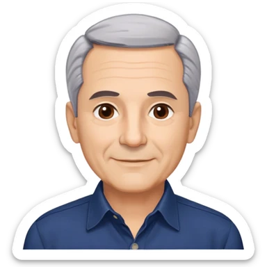 Respected Puerto Rican actor in his 60s, fair skin, round face with broad cheekbones, lively brown eyes, thick eyebrows, straight nose, short gray hair combed to the side with receding hairline, clean-shaven, friendly smile, wearing navy blue button-up shirt sticker