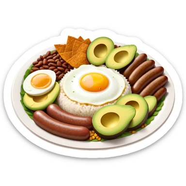 Bandeja Paisa Cinematic Realistic Bandeja Paisa Dish Emoji, depicted as a hearty platter featuring rice, beans, avocado slices, one sausage, a perfectly cooked egg, and crispy pork crackle, rendered with vivid textures and robust, inviting lighting. sticker