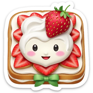 square toast topped with fluffy white cream, decorated with a strawberry bow made from two strawberry halves and a small sliced center, bright red and glossy, Clean soft shading, kawaii emoji style, centered object, no plate, no background, high detail, pastel tone sticker