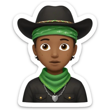 Black boy in black top wearing a black cowboy hat with green bandana around his neck sticker
