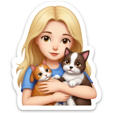 Beautiful girl hugs a cat and a dog tightly sticker