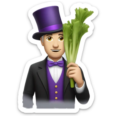 White man wearing a Top Hat with a purple band holding a leek sticker