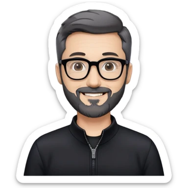 Fair-skinned man with short black hair styled upward, short graying beard, large black-framed glasses, smiling, wearing black long sleeve shirt with zip at neck sticker