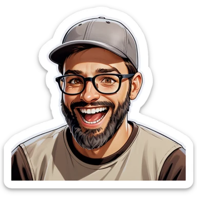 A man with a grey baseball cap, hazel eyes, big dark brown beard and glasses, laughing sticker