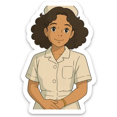 ghibli style Latina nurse with curly hair, gentle smile, nurse uniform sticker